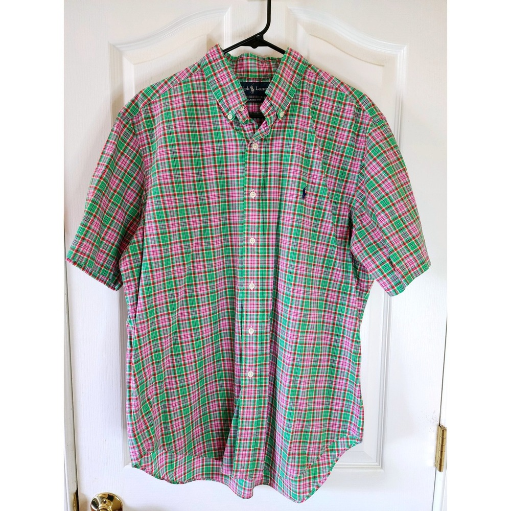 Ralph Lauren Classic Fit Plaid Short Sleeve Button Down Shirt Green Pink Large
